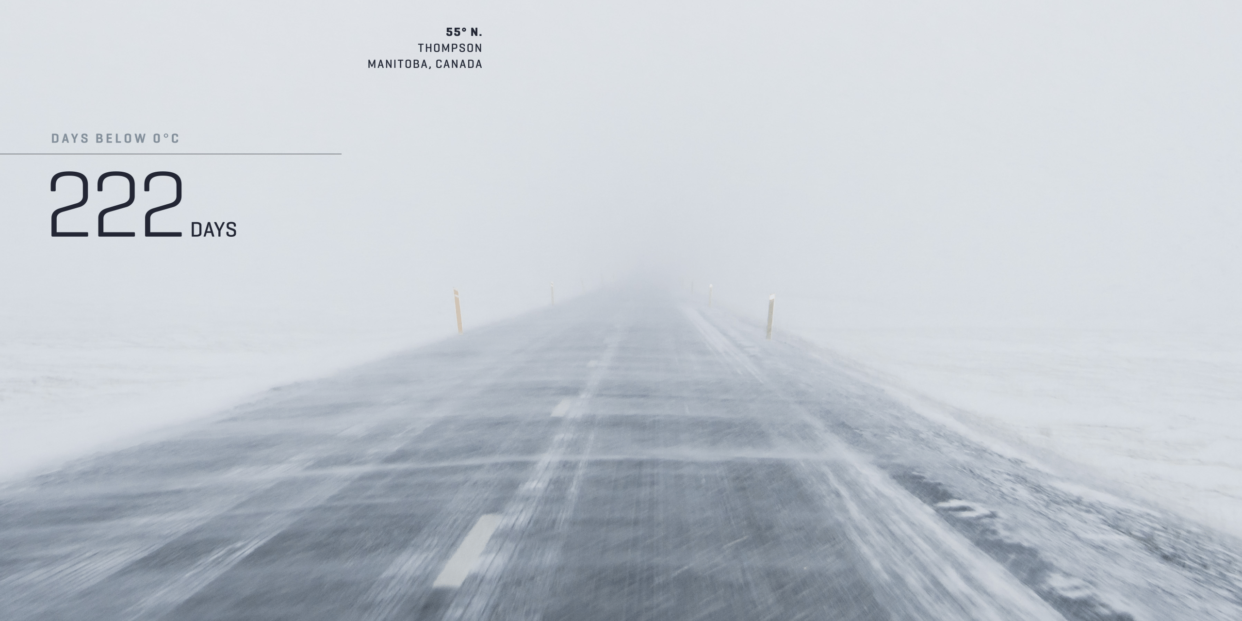 Thompson Manitoba highway in the winter with snow blowing